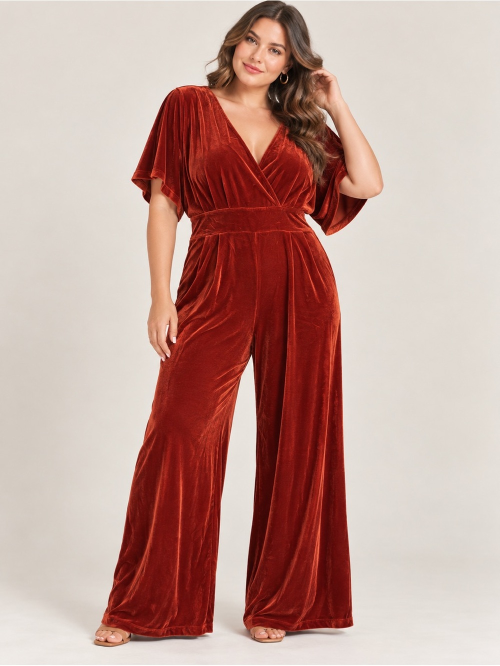 Rust Velvet V-Neck wide leg jumpsuit